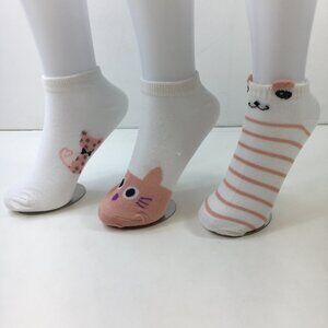 Womens Ankle Socks Set 3 Cat Bear Print Stripes White Pink Black